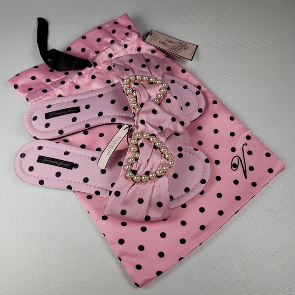 NWT Victoria's Secret Embellished Satin Bow Slide Pearl Heart Slppers Sz M 8-8.5 - Picture 5 of 9
